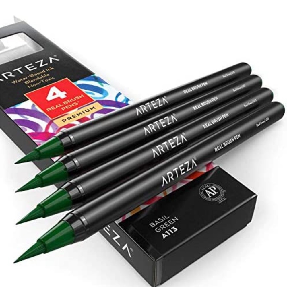 NIB 4pc Arteza Real Brush Pens, A113 Basil Green
